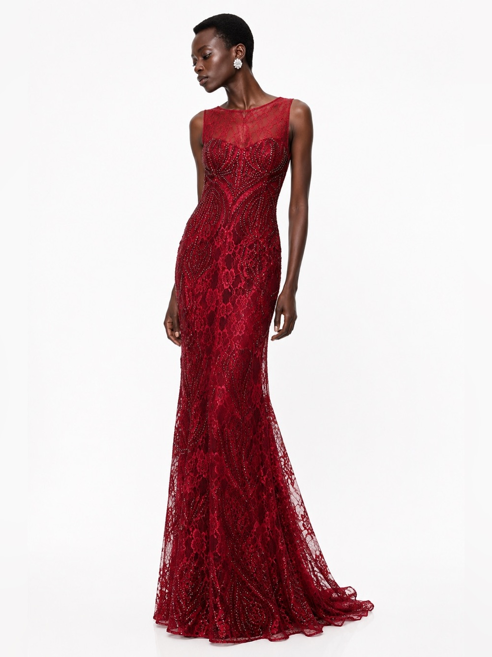 Alberto Makali Beaded Wine Sleeveless Maxi Gown